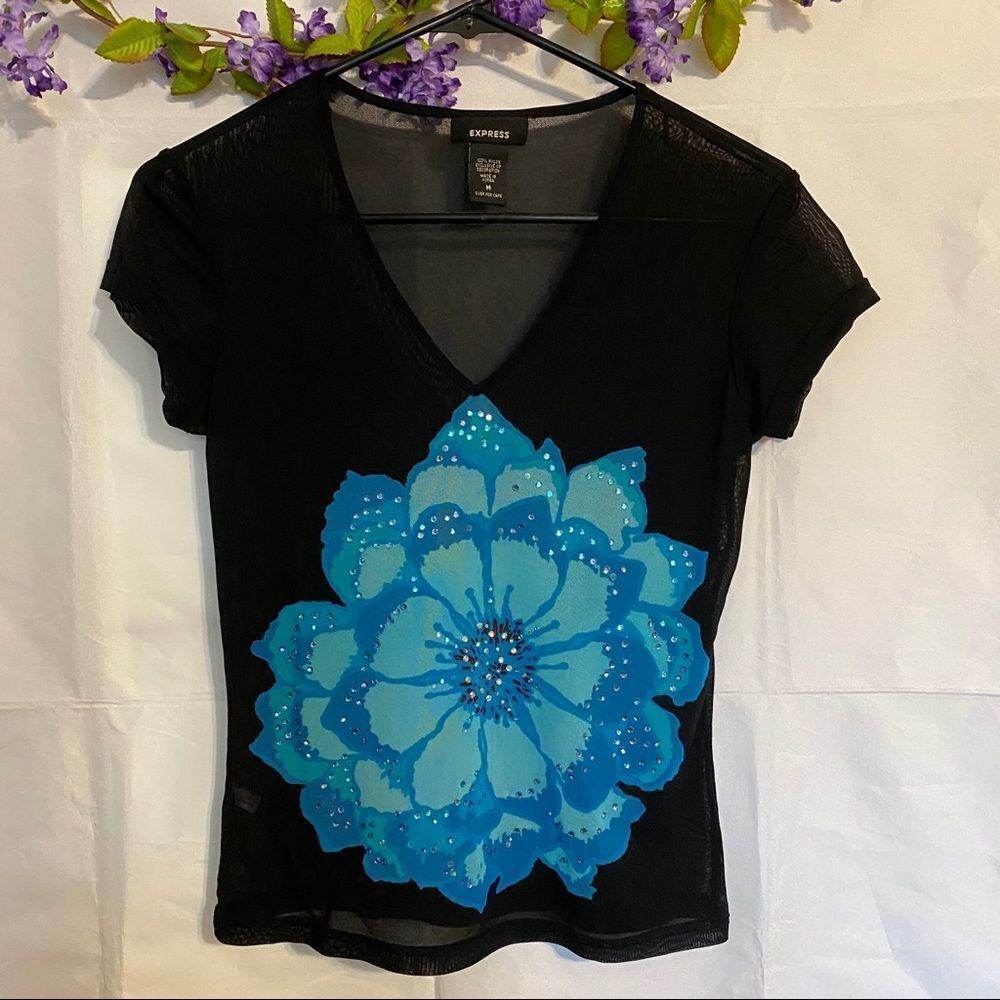 Express Blue sequined SUCCULENT LOTUS black sheer